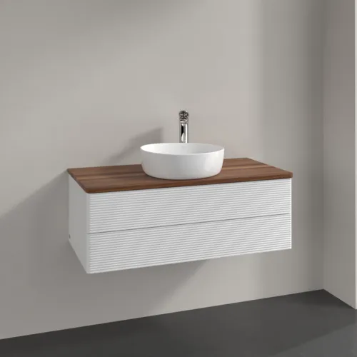 Picture of VILLEROY BOCH Antao Vanity unit, 2 pull-out compartments, 1000 x 360 x 500 mm, Front with grain texture, Glossy White Lacquer / Warm Walnut #K20152GF