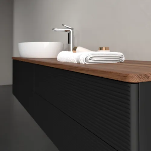 Bild von VILLEROY BOCH Antao Waschbeckenunterschrank, 4 Auszüge, 1600 x 360 x 500 mm, Front mit Struktur, Black Matt Lacquer / Warm Walnut #K26152PD