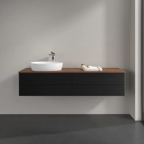 Bild von VILLEROY BOCH Antao Waschbeckenunterschrank, 4 Auszüge, 1600 x 360 x 500 mm, Front mit Struktur, Black Matt Lacquer / Warm Walnut #K26152PD