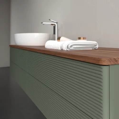 Obrázek VILLEROY BOCH Antao Vanity unit, 4 pull-out compartments, 1600 x 360 x 500 mm, Front with grain texture, Leaf Green Matt Lacquer / Warm Walnut #K26152HL