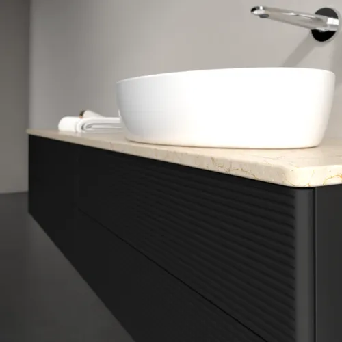 Obrázek VILLEROY BOCH Antao Vanity unit, 4 pull-out compartments, 1600 x 360 x 500 mm, Front with grain texture, Black Matt Lacquer / Botticino #K27113PD
