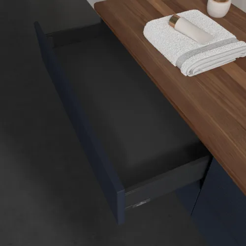 Picture of VILLEROY BOCH Antao Vanity unit, 4 pull-out compartments, 1600 x 360 x 500 mm, Front with grain texture, Midnight Blue Matt Lacquer / Warm Walnut #K27112HG