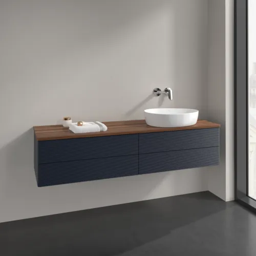 Picture of VILLEROY BOCH Antao Vanity unit, 4 pull-out compartments, 1600 x 360 x 500 mm, Front with grain texture, Midnight Blue Matt Lacquer / Warm Walnut #K27112HG