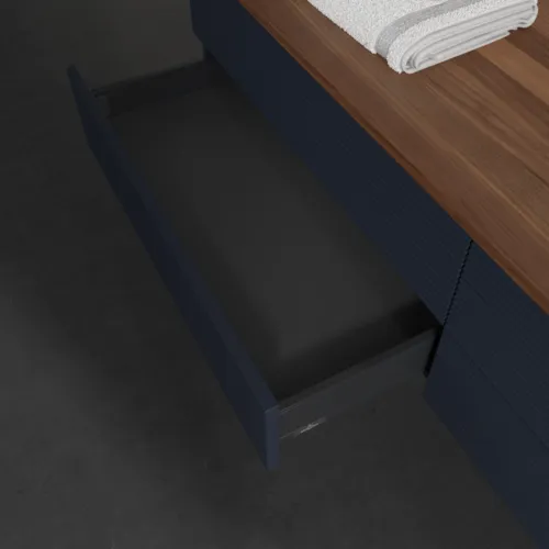 Picture of VILLEROY BOCH Antao Vanity unit, 4 pull-out compartments, 1600 x 360 x 500 mm, Front with grain texture, Midnight Blue Matt Lacquer / Warm Walnut #K27112HG