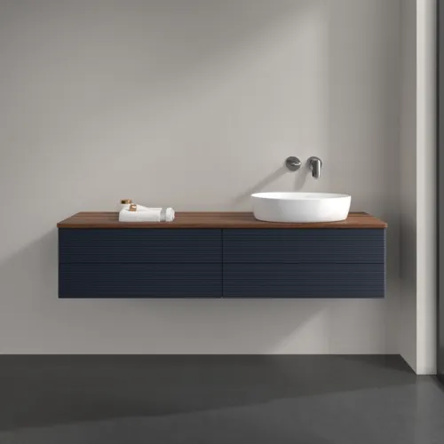 Picture of VILLEROY BOCH Antao Vanity unit, 4 pull-out compartments, 1600 x 360 x 500 mm, Front with grain texture, Midnight Blue Matt Lacquer / Warm Walnut #K27112HG