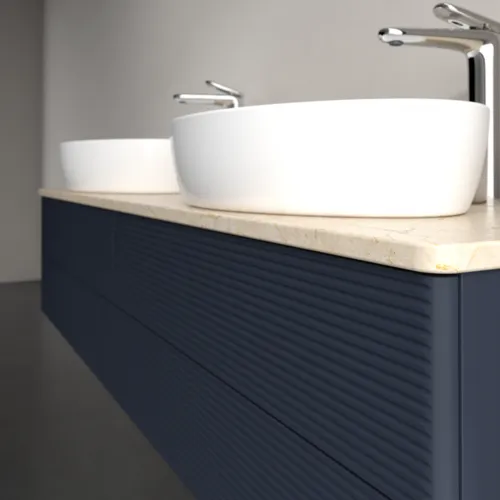 Bild von VILLEROY BOCH Antao Waschbeckenunterschrank, 4 Auszüge, 1600 x 360 x 500 mm, Front mit Struktur, Midnight Blue Matt Lacquer / Botticino #K28153HG