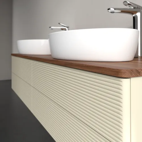 Bild von VILLEROY BOCH Antao Waschbeckenunterschrank, 4 Auszüge, 1600 x 360 x 500 mm, Front mit Struktur, Silk Grey Matt Lacquer / Warm Walnut #K28152HJ