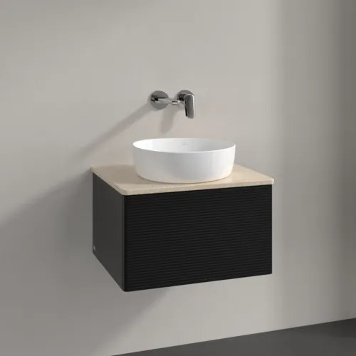 VILLEROY BOCH Antao Vanity unit, 1 pull-out compartment, 600 x 360 x 500 mm, Front with grain texture, Black Matt Lacquer / Botticino #K29113PD resmi