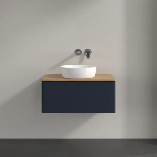 Bild von VILLEROY BOCH Antao Waschbeckenunterschrank, 1 Auszug, 800 x 360 x 500 mm, Front ohne Struktur, Midnight Blue Matt Lacquer / Honey Oak #K30011HG