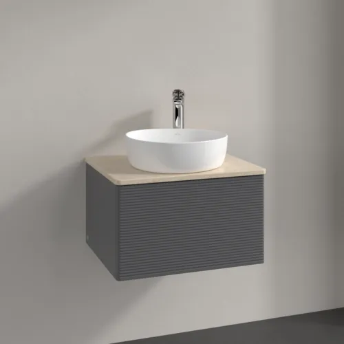 VILLEROY BOCH Antao Vanity unit, 1 pull-out compartment, 600 x 360 x 500 mm, Front with grain texture, Anthracite Matt Lacquer / Botticino #K29153GK resmi