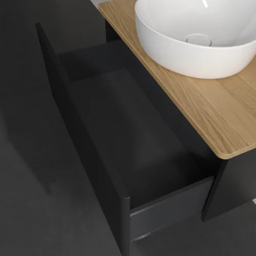 Bild von VILLEROY BOCH Antao Waschbeckenunterschrank, 1 Auszug, 800 x 360 x 500 mm, Front mit Struktur, Black Matt Lacquer / Honey Oak #K30111PD