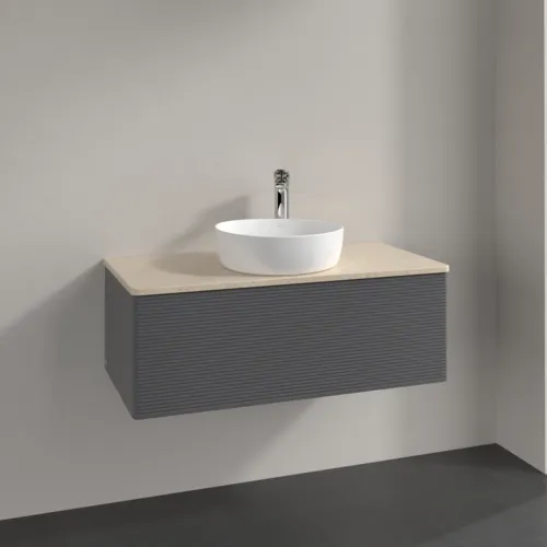 VILLEROY BOCH Antao Vanity unit, 1 pull-out compartment, 1000 x 360 x 500 mm, Front with grain texture, Anthracite Matt Lacquer / Botticino #K31153GK resmi