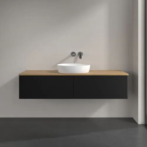 Bild von VILLEROY BOCH Antao Waschbeckenunterschrank, 2 Auszüge, 1600 x 360 x 500 mm, Front ohne Struktur, Black Matt Lacquer / Honey Oak #K36011PD