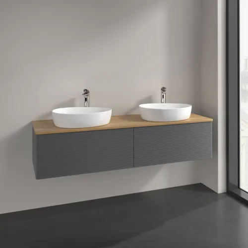 Bild von VILLEROY BOCH Antao Waschbeckenunterschrank, 2 Auszüge, 1600 x 360 x 500 mm, Front mit Struktur, Anthracite Matt Lacquer / Honey Oak #K39151GK