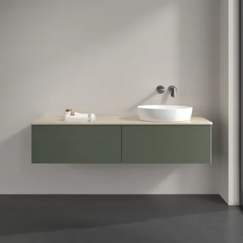 Bild von VILLEROY BOCH Antao Waschbeckenunterschrank, 2 Auszüge, 1600 x 360 x 500 mm, Front ohne Struktur, Leaf Green Matt Lacquer / Botticino #K38013HL