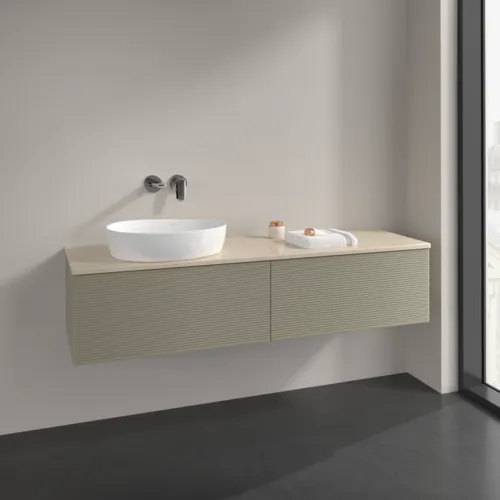 Bild von VILLEROY BOCH Antao Waschbeckenunterschrank, 2 Auszüge, 1600 x 360 x 500 mm, Front mit Struktur, Stone Grey Matt Lacquer / Botticino #K37113HK