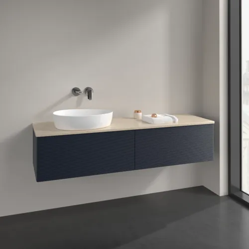 Bild von VILLEROY BOCH Antao Waschbeckenunterschrank, 2 Auszüge, 1600 x 360 x 500 mm, Front mit Struktur, Midnight Blue Matt Lacquer / Botticino #K37113HG