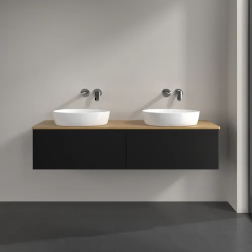 Bild von VILLEROY BOCH Antao Waschbeckenunterschrank, 2 Auszüge, 1600 x 360 x 500 mm, Front ohne Struktur, Black Matt Lacquer / Honey Oak #K39011PD