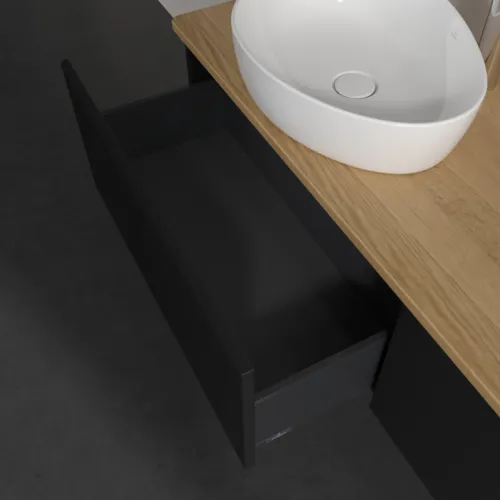 Bild von VILLEROY BOCH Antao Waschbeckenunterschrank, 2 Auszüge, 1600 x 360 x 500 mm, Front mit Struktur, Black Matt Lacquer / Honey Oak #K39151PD