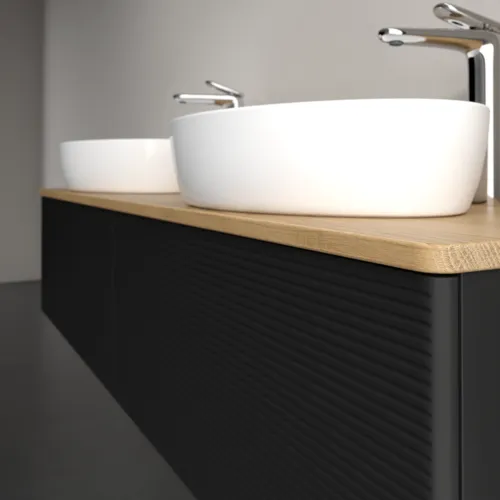 Bild von VILLEROY BOCH Antao Waschbeckenunterschrank, 2 Auszüge, 1600 x 360 x 500 mm, Front mit Struktur, Black Matt Lacquer / Honey Oak #K39151PD