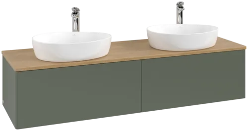 Зображення з  VILLEROY BOCH Antao Vanity unit, 2 pull-out compartments, 1600 x 360 x 500 mm, Front without structure, Leaf Green Matt Lacquer / Honey Oak #K39051HL