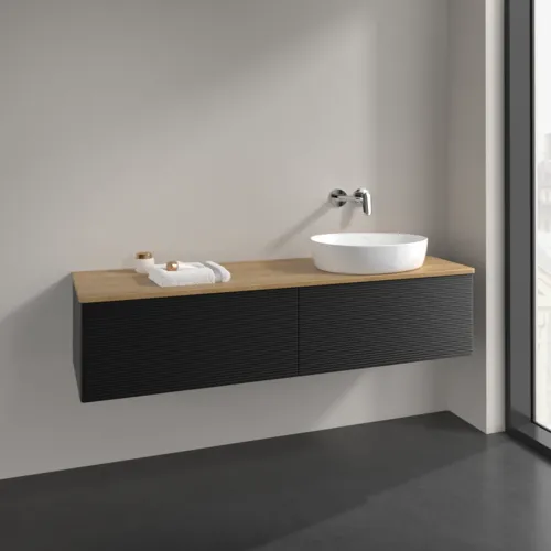 Bild von VILLEROY BOCH Antao Waschbeckenunterschrank, 2 Auszüge, 1600 x 360 x 500 mm, Front mit Struktur, Black Matt Lacquer / Honey Oak #K38111PD