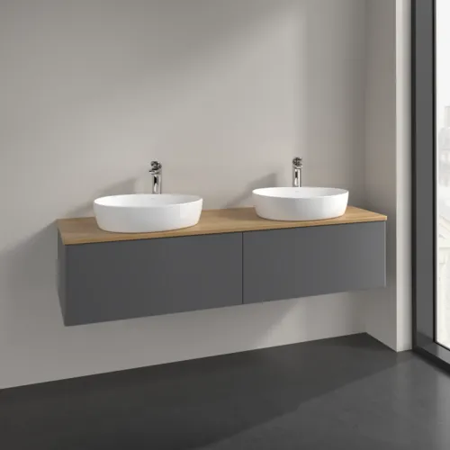 Bild von VILLEROY BOCH Antao Waschbeckenunterschrank, 2 Auszüge, 1600 x 360 x 500 mm, Front ohne Struktur, Anthracite Matt Lacquer / Honey Oak #K39051GK