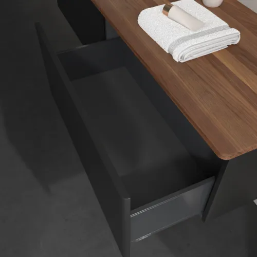 Bild von VILLEROY BOCH Antao Waschbeckenunterschrank, 2 Auszüge, 1600 x 360 x 500 mm, Front ohne Struktur, Black Matt Lacquer / Warm Walnut #K37052PD