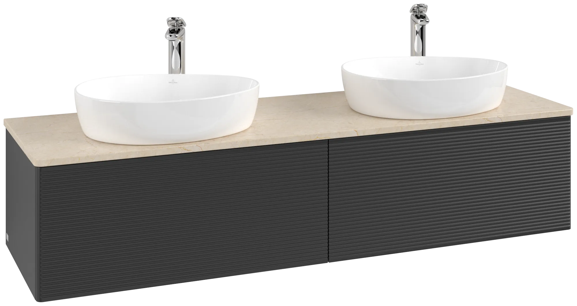 Зображення з  VILLEROY BOCH Antao Vanity unit, 2 pull-out compartments, 1600 x 360 x 500 mm, Front with grain texture, Black Matt Lacquer / Botticino #K39153PD
