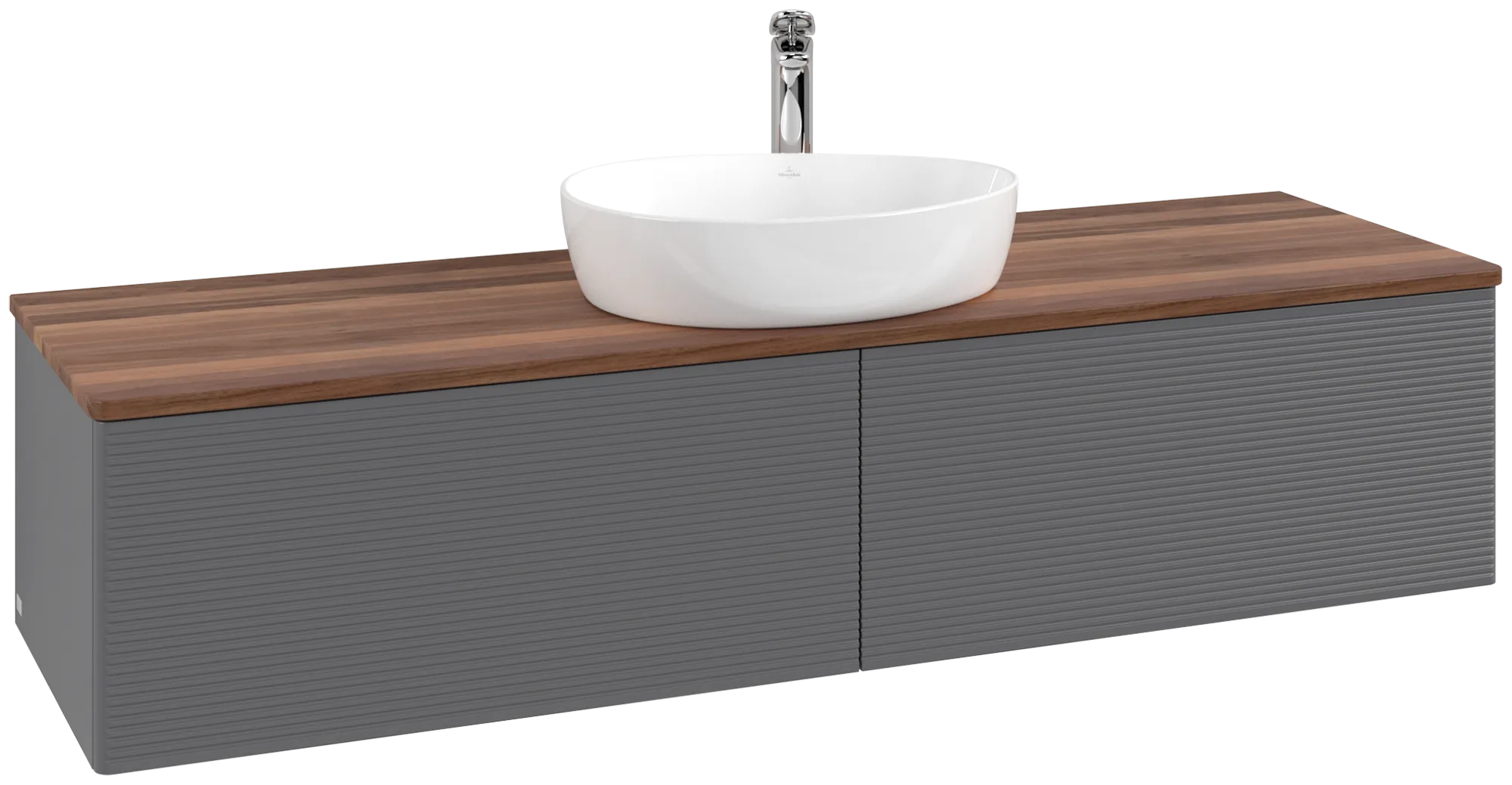 Зображення з  VILLEROY BOCH Antao Vanity unit, 2 pull-out compartments, 1600 x 360 x 500 mm, Front with grain texture, Anthracite Matt Lacquer / Warm Walnut #K36152GK