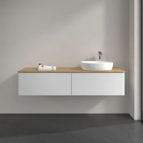 Bild von VILLEROY BOCH Antao Waschbeckenunterschrank, 2 Auszüge, 1600 x 360 x 500 mm, Front ohne Struktur, Glossy White Lacquer / Honey Oak #K38051GF