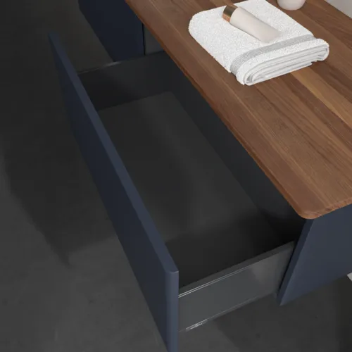 VILLEROY BOCH Antao Waschbeckenunterschrank, 2 Auszüge, 1600 x 360 x 500 mm, Front ohne Struktur, Midnight Blue Matt Lacquer / Warm Walnut #K37052HG, Bild 7