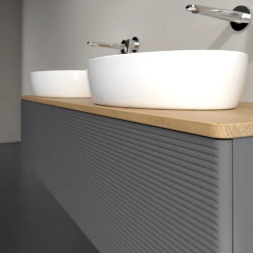 Bild von VILLEROY BOCH Antao Waschbeckenunterschrank, 2 Auszüge, 1600 x 360 x 500 mm, Front mit Struktur, Anthracite Matt Lacquer / Honey Oak #K39111GK