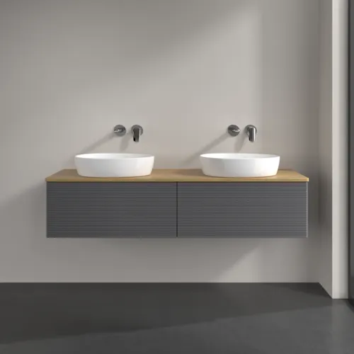 Bild von VILLEROY BOCH Antao Waschbeckenunterschrank, 2 Auszüge, 1600 x 360 x 500 mm, Front mit Struktur, Anthracite Matt Lacquer / Honey Oak #K39111GK