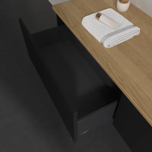 Obrázek VILLEROY BOCH Antao Vanity unit, 2 pull-out compartments, 1600 x 360 x 500 mm, Front with grain texture, Black Matt Lacquer / Honey Oak #K38151PD