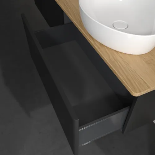 Obrázek VILLEROY BOCH Antao Vanity unit, 2 pull-out compartments, 1600 x 360 x 500 mm, Front with grain texture, Black Matt Lacquer / Honey Oak #K38151PD