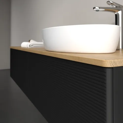 Obrázek VILLEROY BOCH Antao Vanity unit, 2 pull-out compartments, 1600 x 360 x 500 mm, Front with grain texture, Black Matt Lacquer / Honey Oak #K38151PD