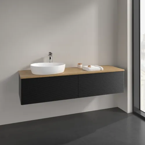 Bild von VILLEROY BOCH Antao Waschbeckenunterschrank, 2 Auszüge, 1600 x 360 x 500 mm, Front mit Struktur, Black Matt Lacquer / Honey Oak #K37151PD