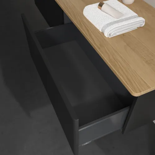 Bild von VILLEROY BOCH Antao Waschbeckenunterschrank, 2 Auszüge, 1600 x 360 x 500 mm, Front mit Struktur, Black Matt Lacquer / Honey Oak #K37151PD