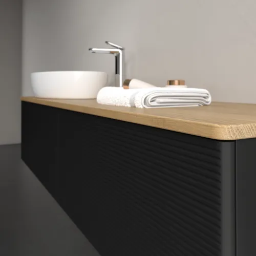 Bild von VILLEROY BOCH Antao Waschbeckenunterschrank, 2 Auszüge, 1600 x 360 x 500 mm, Front mit Struktur, Black Matt Lacquer / Honey Oak #K37151PD