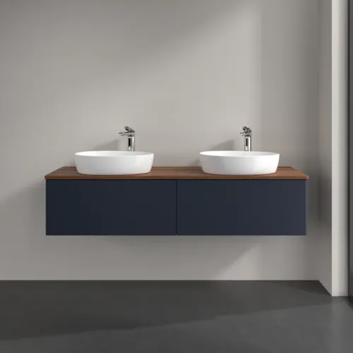 Bild von VILLEROY BOCH Antao Waschbeckenunterschrank, 2 Auszüge, 1600 x 360 x 500 mm, Front ohne Struktur, Midnight Blue Matt Lacquer / Warm Walnut #K39052HG