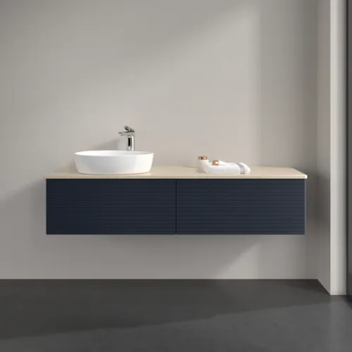 Bild von VILLEROY BOCH Antao Waschbeckenunterschrank, 2 Auszüge, 1600 x 360 x 500 mm, Front mit Struktur, Midnight Blue Matt Lacquer / Botticino #K37153HG
