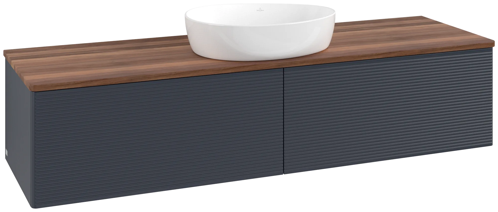 Picture of VILLEROY BOCH Antao Vanity unit, 2 pull-out compartments, 1600 x 360 x 500 mm, Front with grain texture, Midnight Blue Matt Lacquer / Warm Walnut #K36112HG