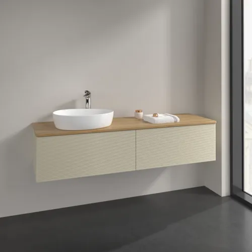 Bild von VILLEROY BOCH Antao Waschbeckenunterschrank, 2 Auszüge, 1600 x 360 x 500 mm, Front mit Struktur, Silk Grey Matt Lacquer / Honey Oak #K37151HJ
