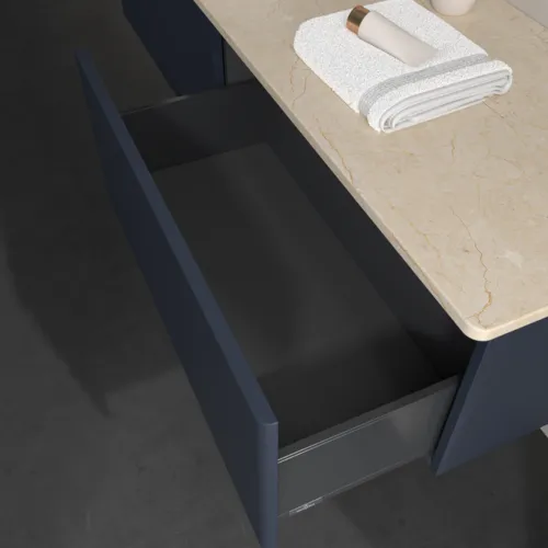 Bild von VILLEROY BOCH Antao Waschbeckenunterschrank, 2 Auszüge, 1600 x 360 x 500 mm, Front ohne Struktur, Midnight Blue Matt Lacquer / Botticino #K37013HG