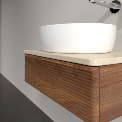 Bild von VILLEROY BOCH Antao Waschbeckenunterschrank, mit Beleuchtung, 1 Auszug, 600 x 190 x 500 mm, Front mit Struktur, Warm Walnut / Botticino #L07113HM