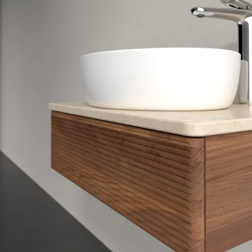 Bild von VILLEROY BOCH Antao Waschbeckenunterschrank, mit Beleuchtung, 1 Auszug, 600 x 190 x 500 mm, Front mit Struktur, Warm Walnut / Botticino #L07153HM