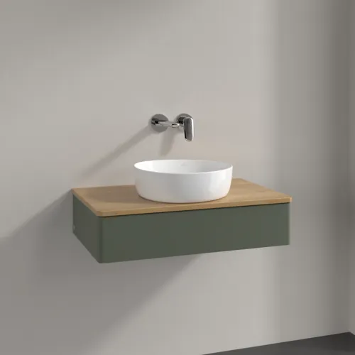 Bild von VILLEROY BOCH Antao Waschbeckenunterschrank, mit Beleuchtung, 1 Auszug, 800 x 190 x 500 mm, Front ohne Struktur, Leaf Green Matt Lacquer / Honey Oak #L08011HL