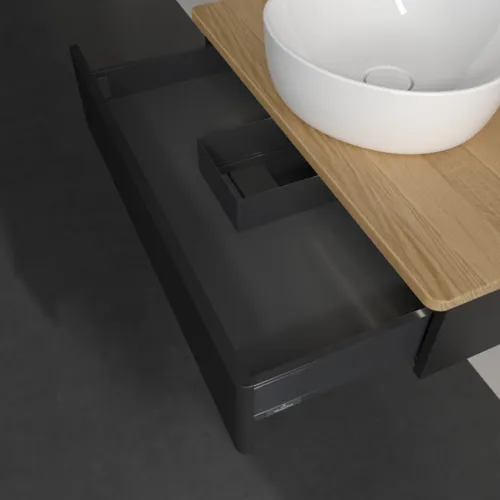 Picture of VILLEROY BOCH Antao Vanity unit, with lighting, 1 pull-out compartment, 800 x 190 x 500 mm, Front with grain texture, Black Matt Lacquer / Honey Oak #L08111PD