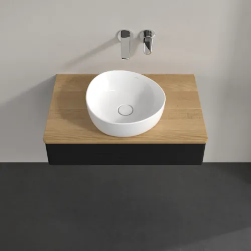 Picture of VILLEROY BOCH Antao Vanity unit, with lighting, 1 pull-out compartment, 800 x 190 x 500 mm, Front with grain texture, Black Matt Lacquer / Honey Oak #L08111PD
